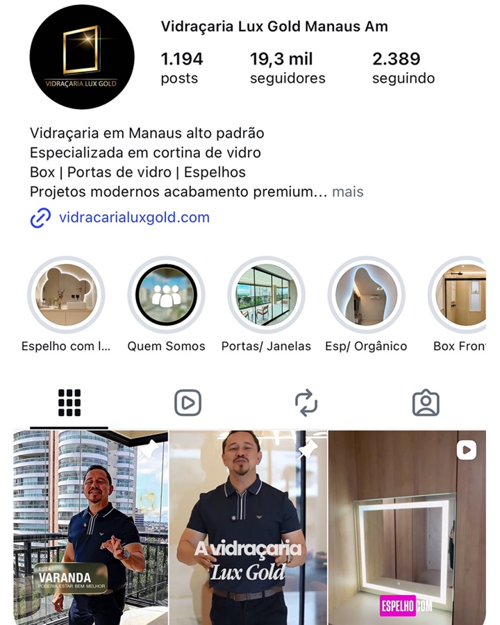 Perfil do Instagram da Vidraçaria Lux Gold