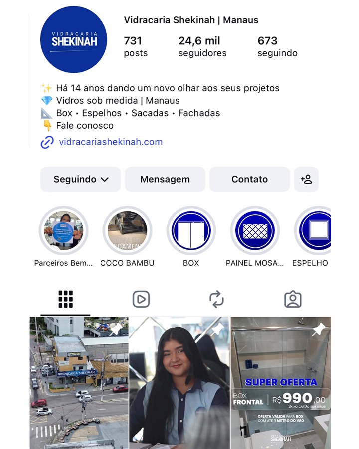 Perfil do Instagram da Vidraçaria Shekinah
